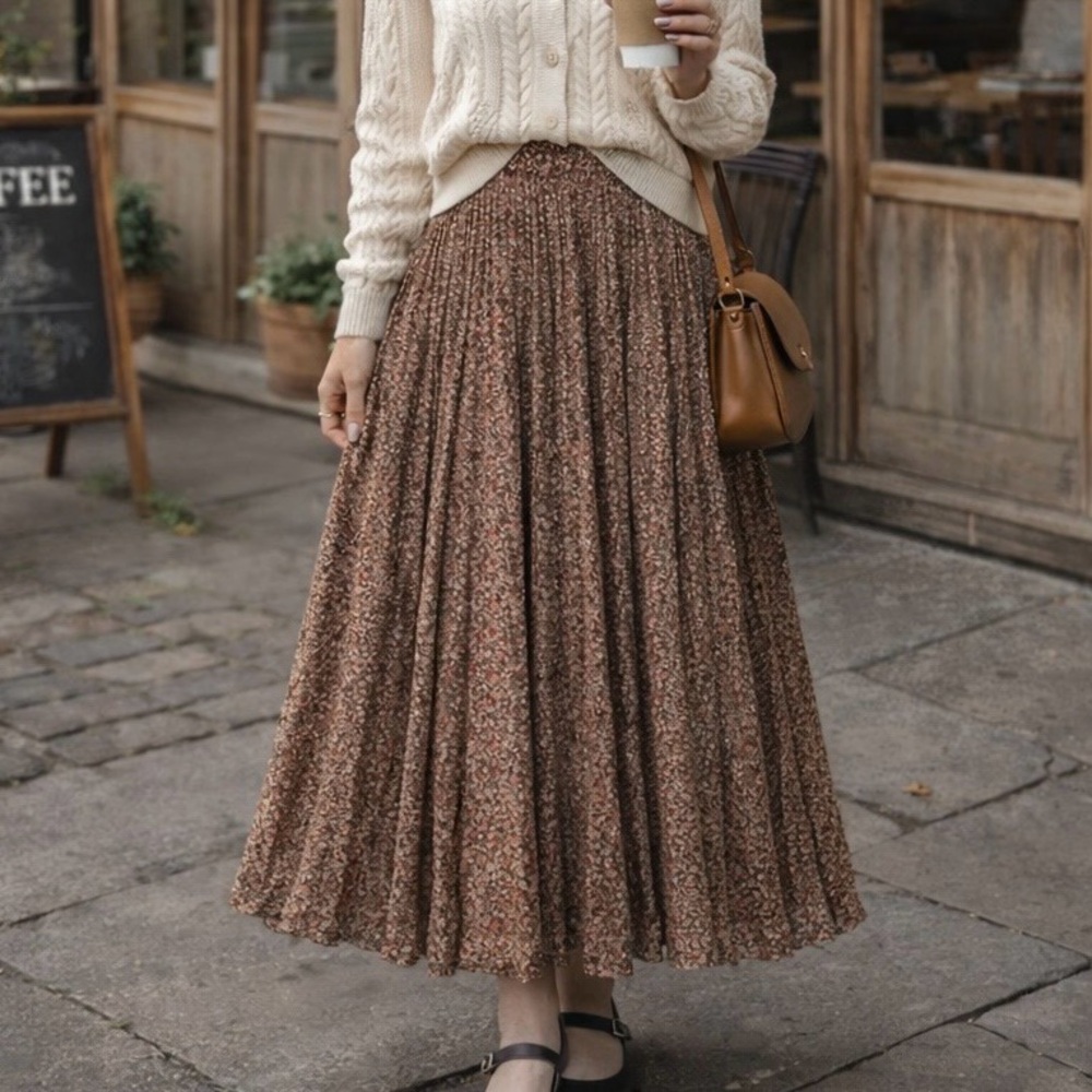 Abercrombie & Fitch Petite Floral Pleated Midi Skirt Brown Size M NWT - Picture 13 of 13